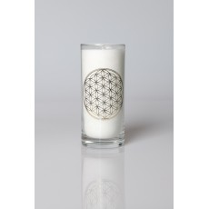 Glas-Kerze Blume des Lebens weiss 50h Brenndauer